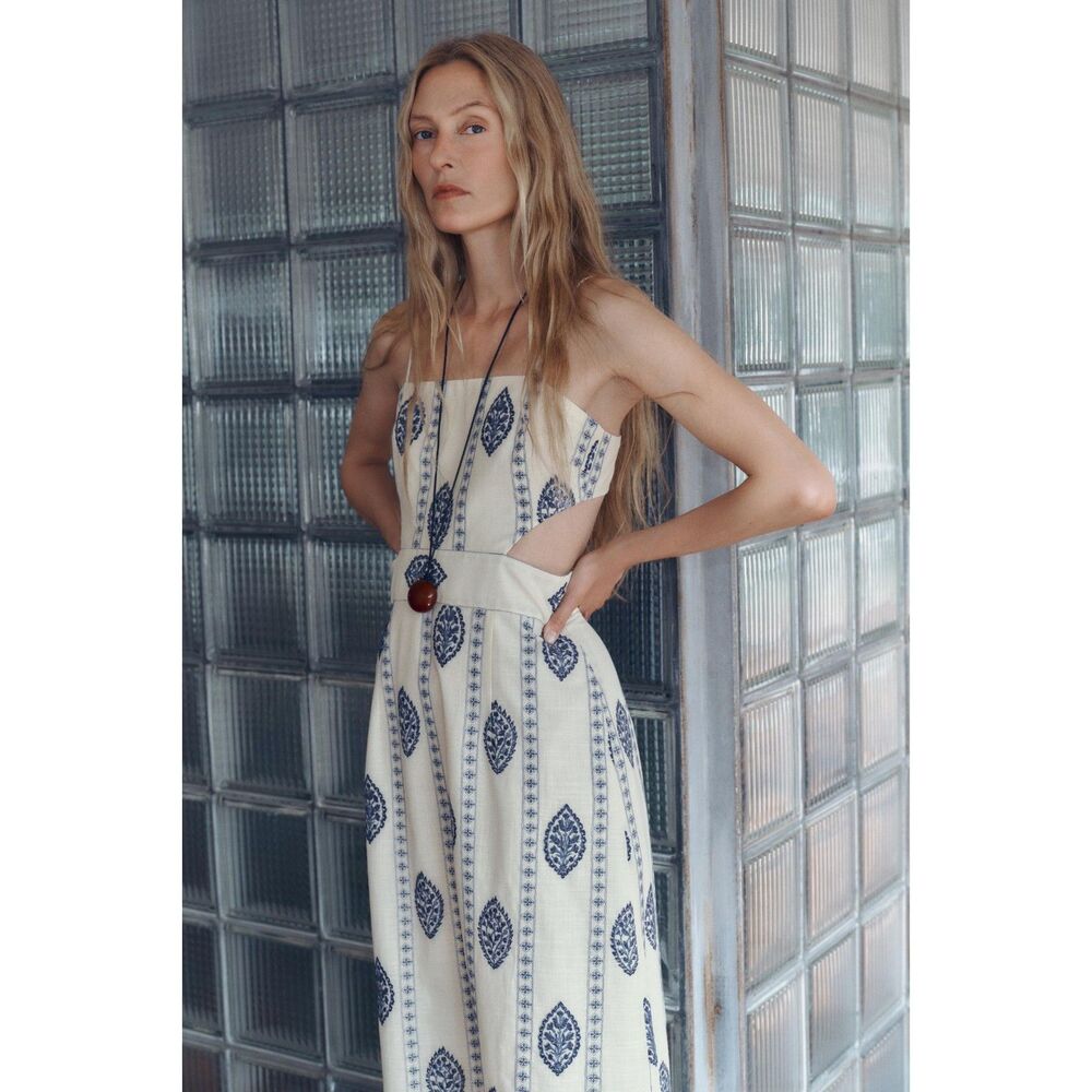 ZARA Cut Out Embroidered Midi Dress Ecru Blue Size M